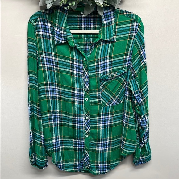 aerie Tops - Aerie Green Plaid Flannel Boyfriend Sleep Casual Button Down Top L